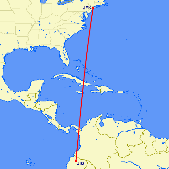 перелет Кито — Нью Йорк на карте