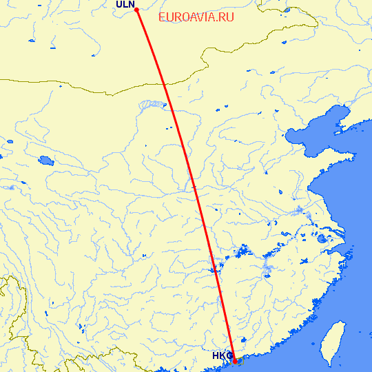 перелет Улан Батор — Гонконг на карте