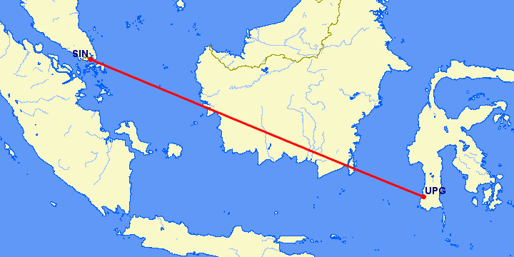 перелет Ujung Pandang — Сингапур на карте