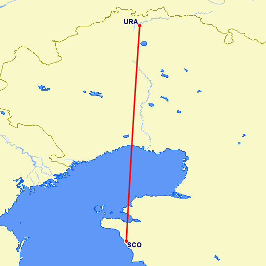 перелет Уральск — Актау на карте