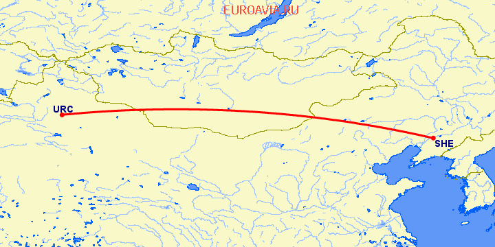 перелет Урумги — Шеньян на карте