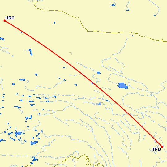 перелет Урумги — Чэнду Тяньфу на карте