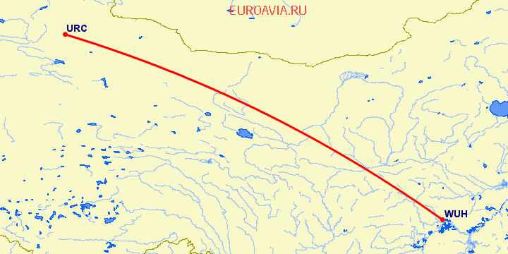 перелет Урумги — Вухан на карте