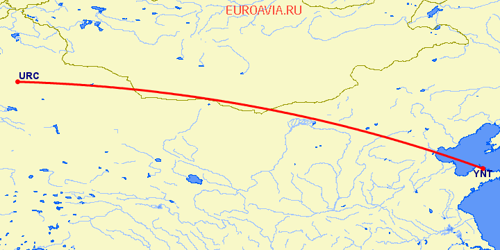 перелет Урумги — Янтай на карте