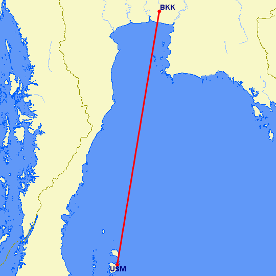 перелет Самуй — Бангкок на карте