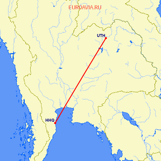 перелет Удон Тхани — Хуа Хин на карте