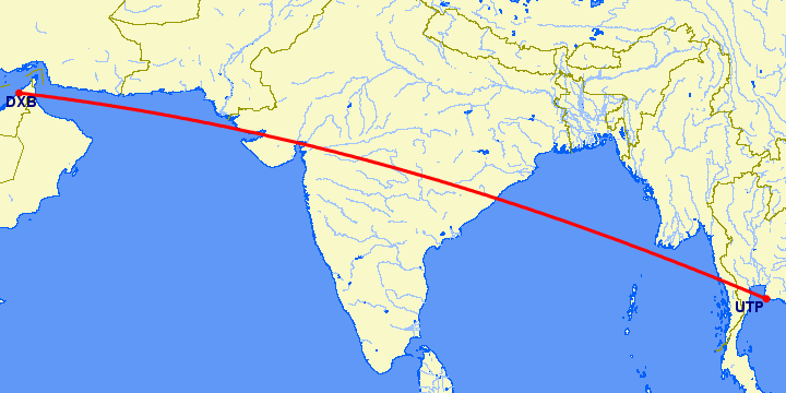 перелет Паттайя — Дубай на карте