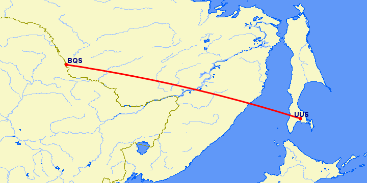 перелет Южно Сахалинск — Благовещенск на карте