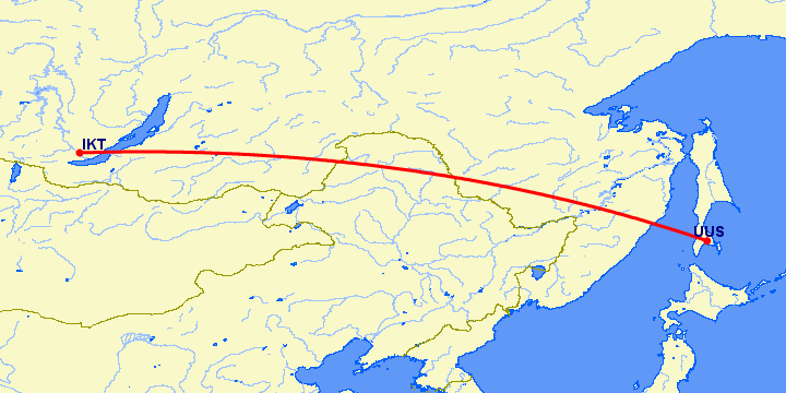 перелет Южно Сахалинск — Иркутск на карте