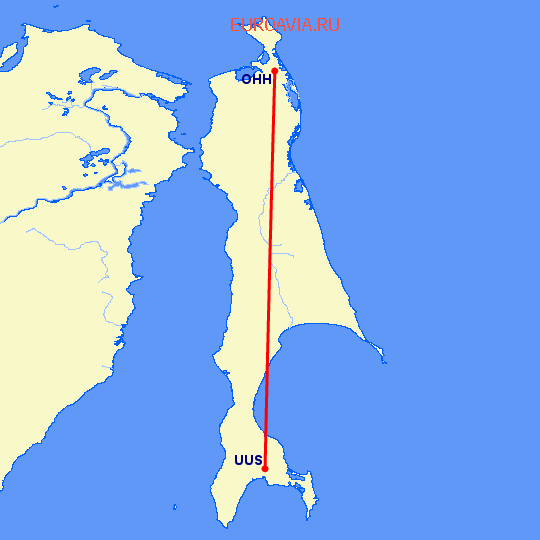 перелет Южно Сахалинск — Оха на карте