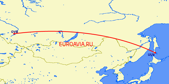 перелет Южно Сахалинск — Новосибирск на карте
