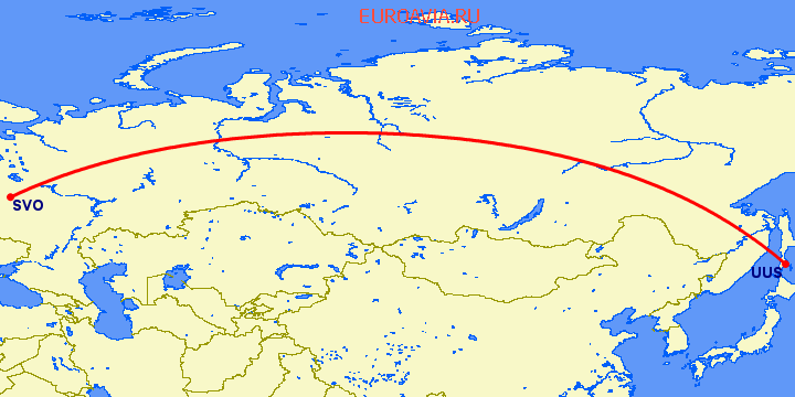 перелет Южно Сахалинск — Москва на карте