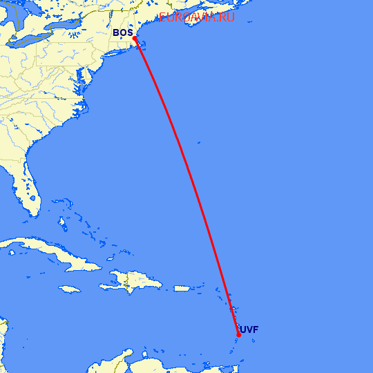 перелет St Lucia — Бостон на карте
