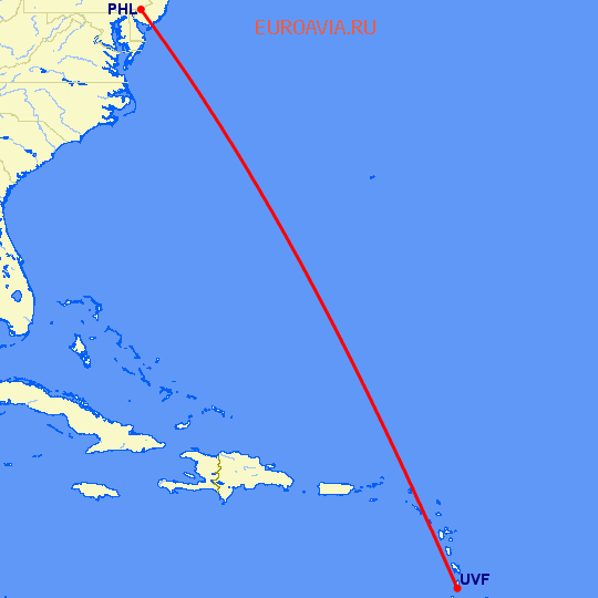 перелет St Lucia — Филадельфия на карте