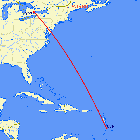 перелет St Lucia — Торонто на карте