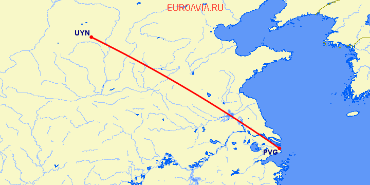 перелет Фулин — Шанхай на карте