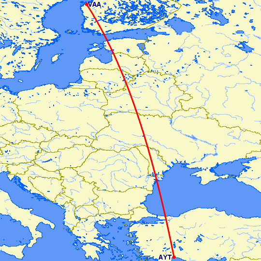 перелет Вааса — Анталия на карте