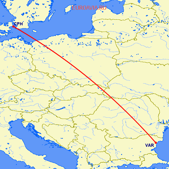 перелет Варна — Копенгаген на карте