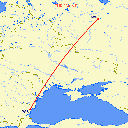 перелет Варна — Москва на карте