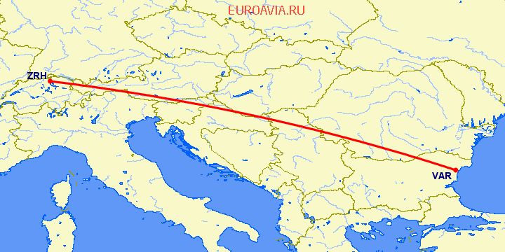 перелет Варна — Цюрих на карте