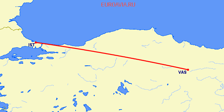 перелет Сивас — Стамбул на карте