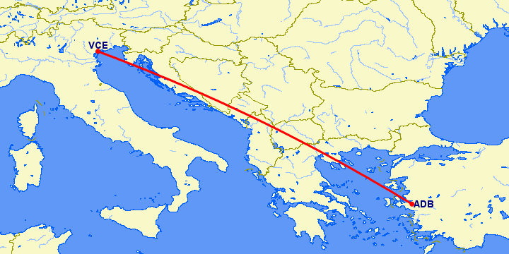перелет Венеция — Измир на карте