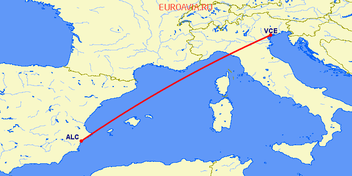 перелет Венеция — Аликанте на карте