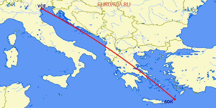 перелет Венеция — Карпатос на карте