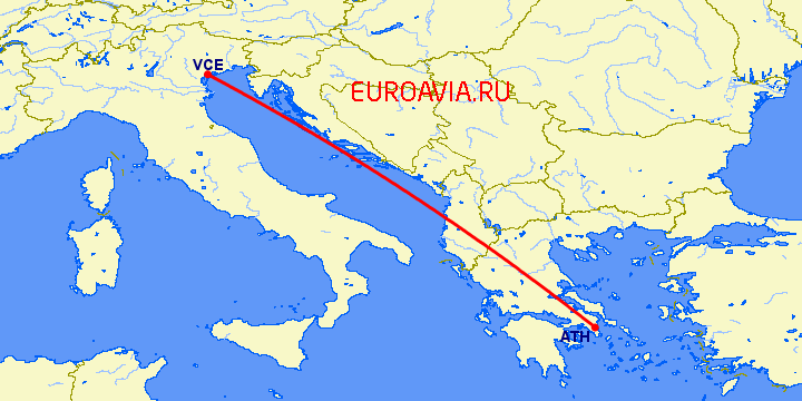 перелет Венеция — Афины на карте