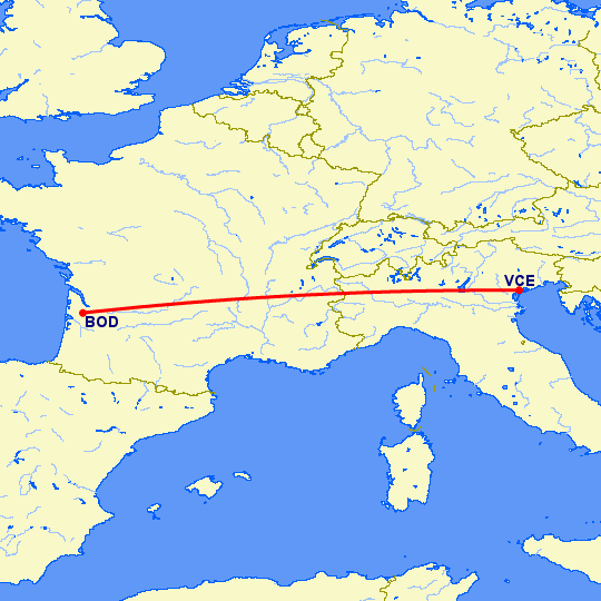 перелет Венеция — Бордо на карте