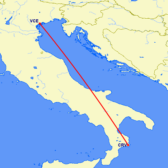 перелет Венеция — Кротон на карте
