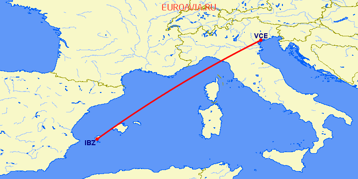 перелет Венеция — Ибица на карте