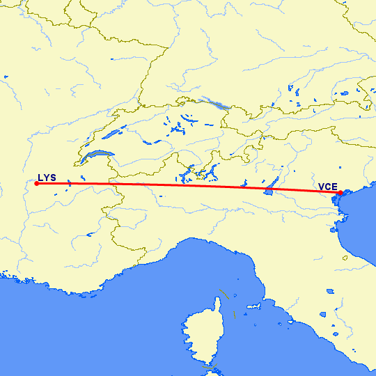 перелет Венеция — Лион на карте