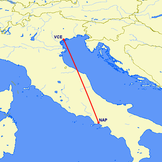 перелет Венеция — Неаполь на карте