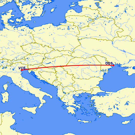 перелет Венеция — Одесса на карте