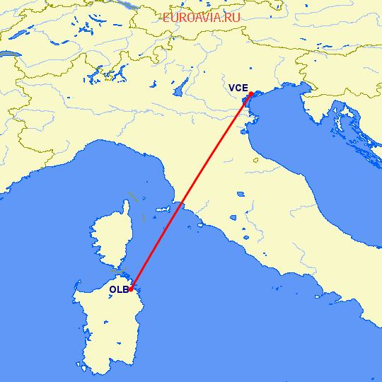 перелет Венеция — Ольбия на карте