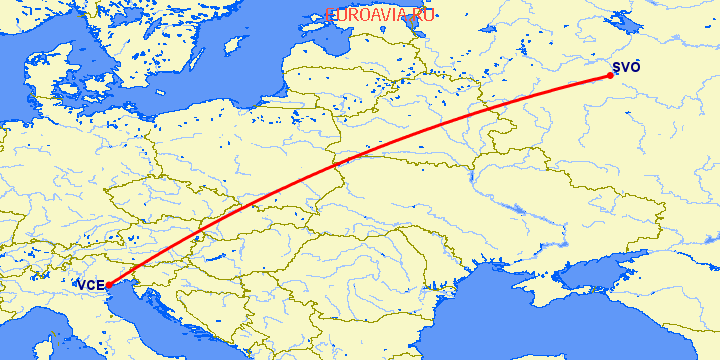 перелет Венеция — Москва на карте