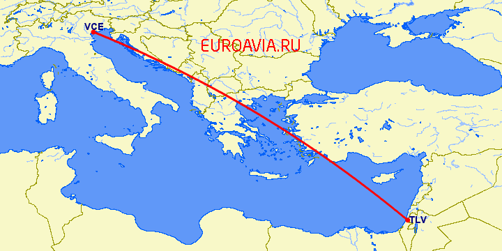 перелет Венеция — Тель Авив на карте