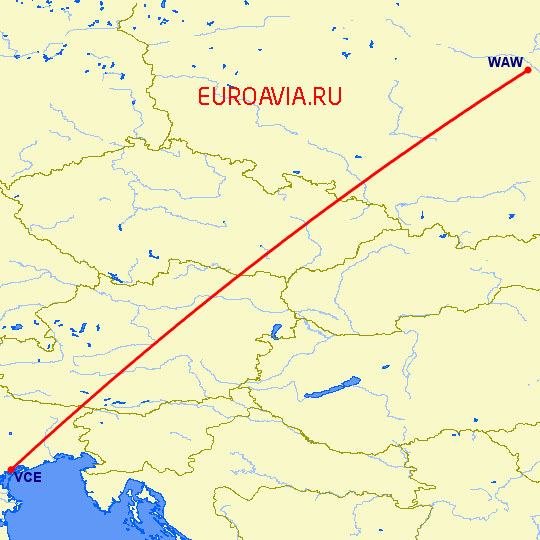 перелет Венеция — Варшава на карте
