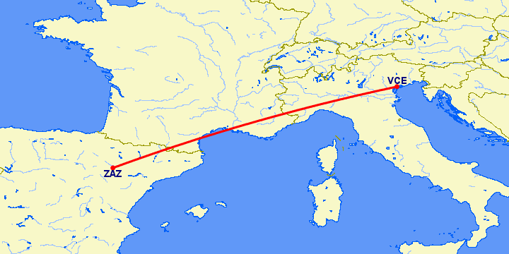 перелет Венеция — Сарагоса на карте