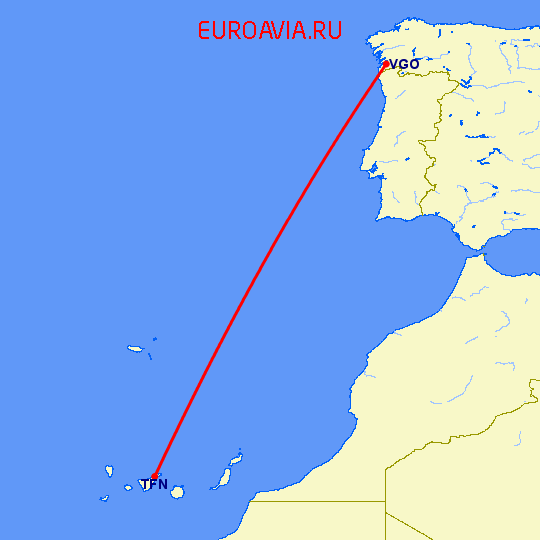 перелет Виго — Тенерифе на карте