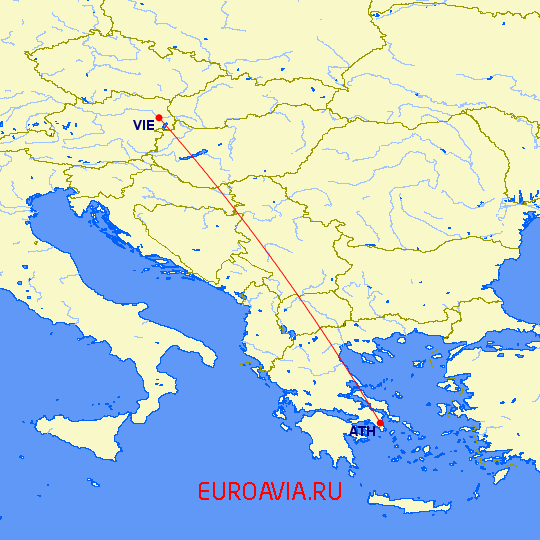 перелет Вена — Афины на карте