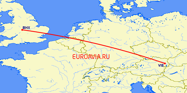 перелет Вена — Бирмингем на карте