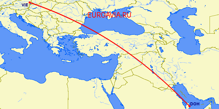 перелет Вена — Доха на карте