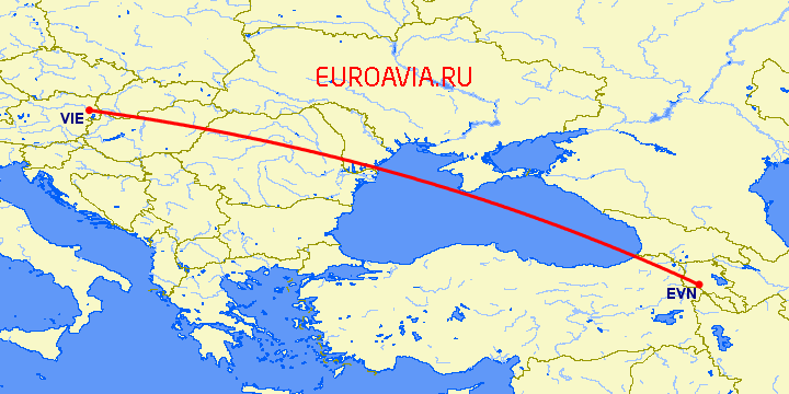 перелет Вена — Ереван на карте