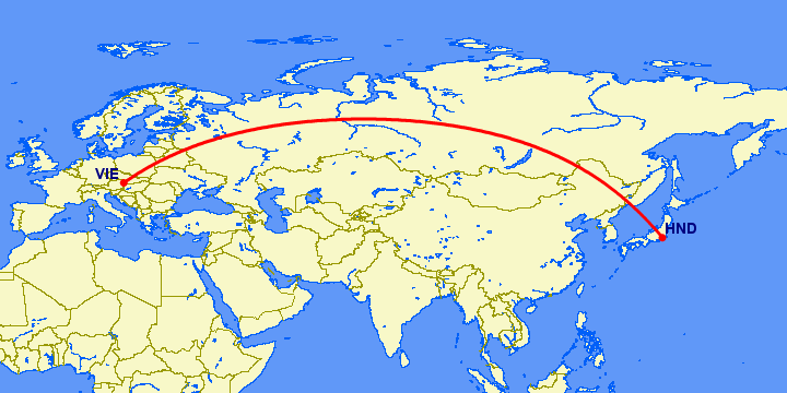 перелет Вена — Токио на карте
