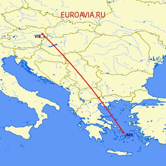 перелет Вена — Миконос на карте