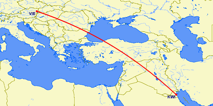 перелет Вена — Кувейт на карте