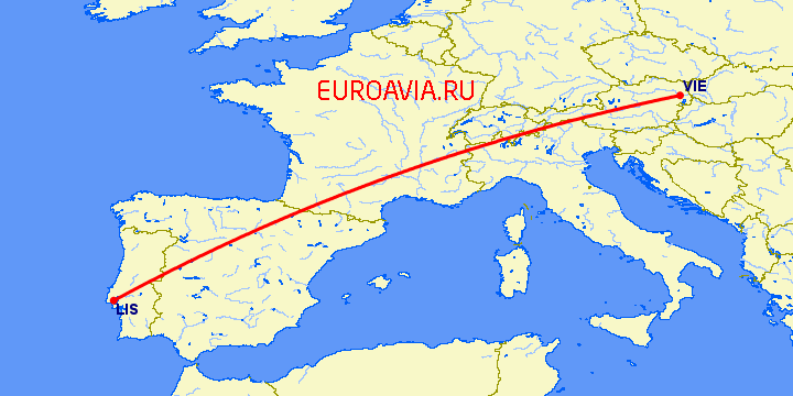 перелет Вена — Лиссабон на карте