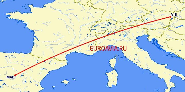 перелет Вена — Мадрид на карте